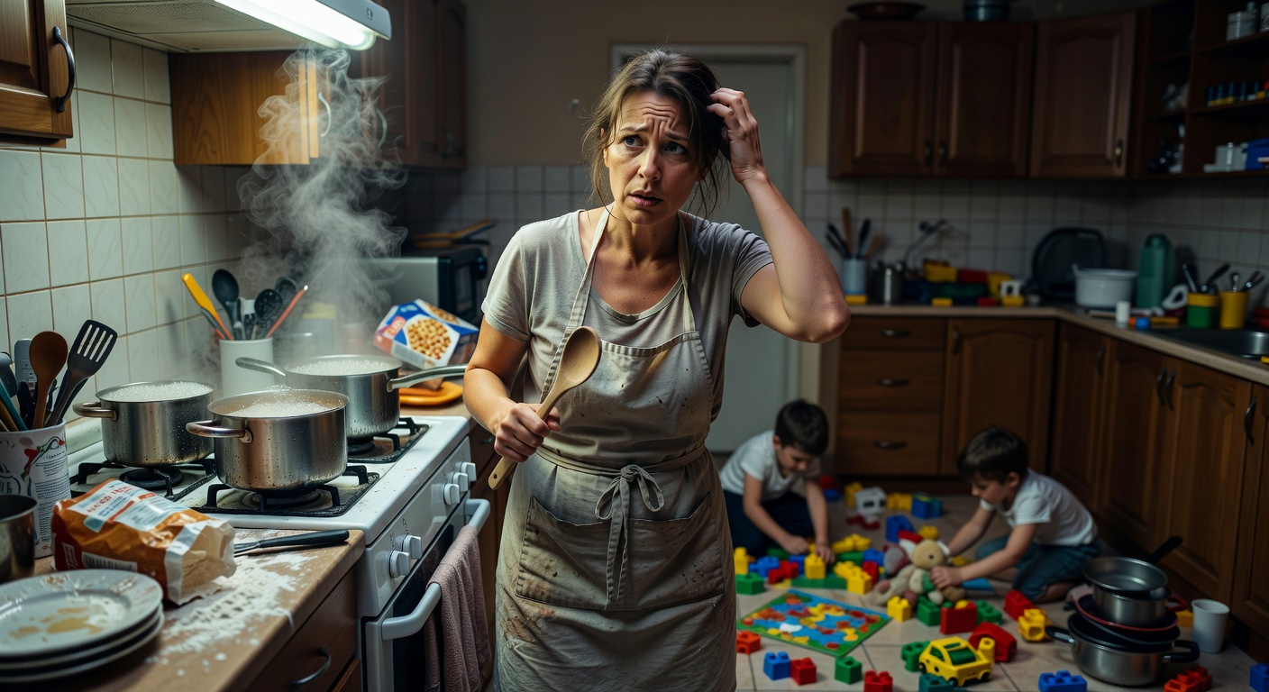 Woman in chaotic kitchen