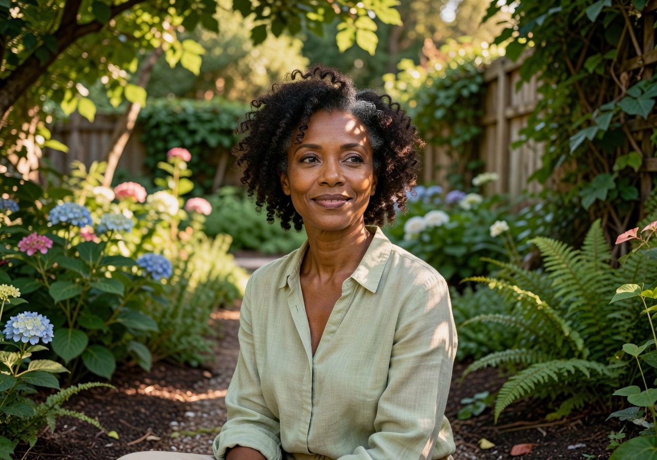 Refreshed Black woman in a sunlit garden