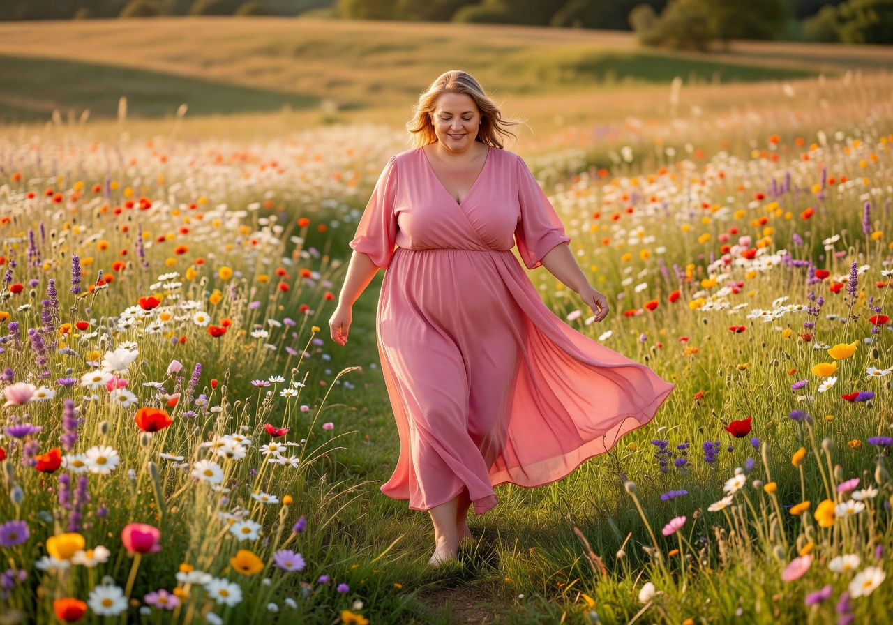 Confident woman walking through a meadow at golden hour