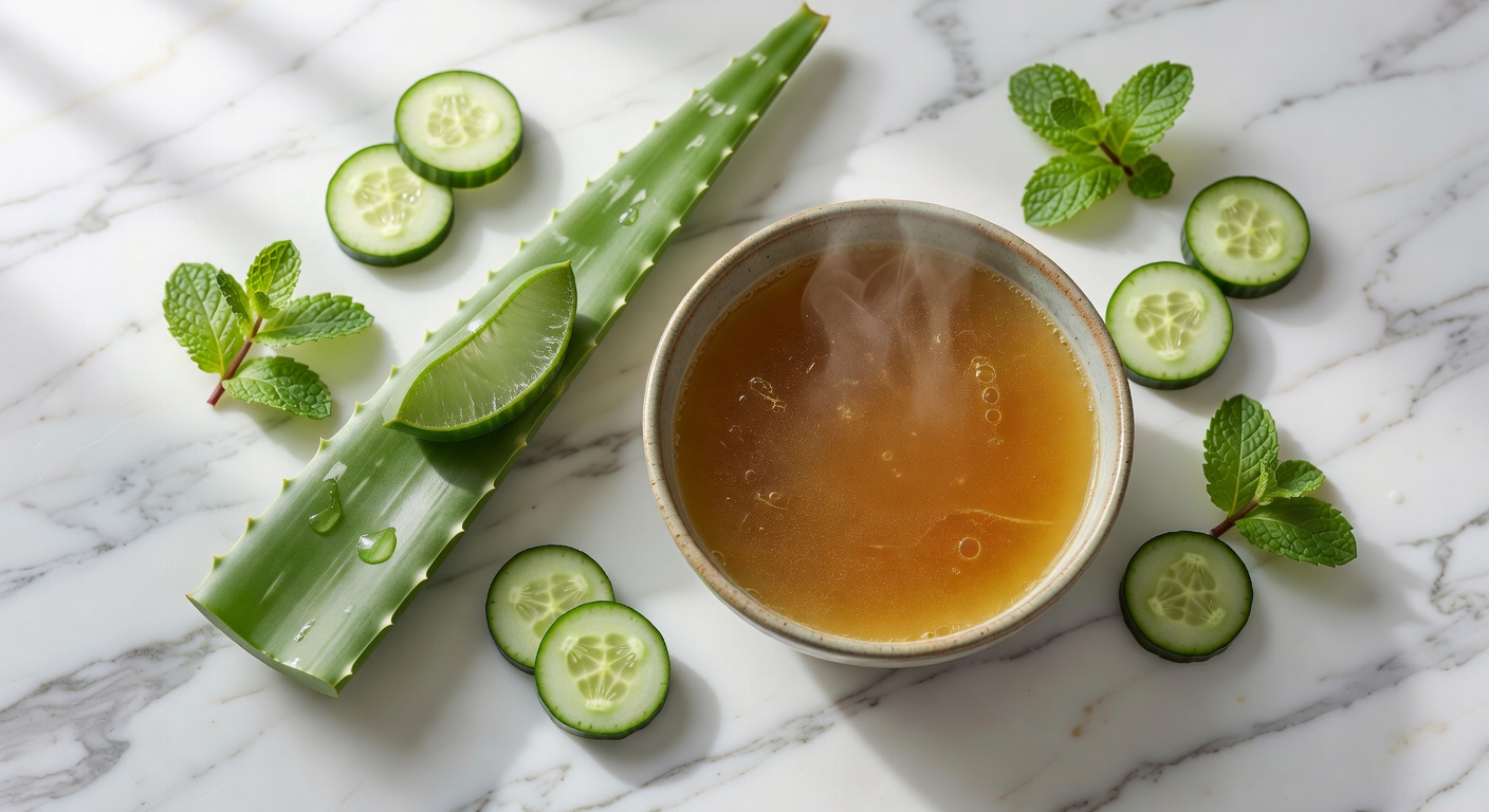 Artistic flat lay of gut-healing foods like aloe vera, cucumber and fresh mint
