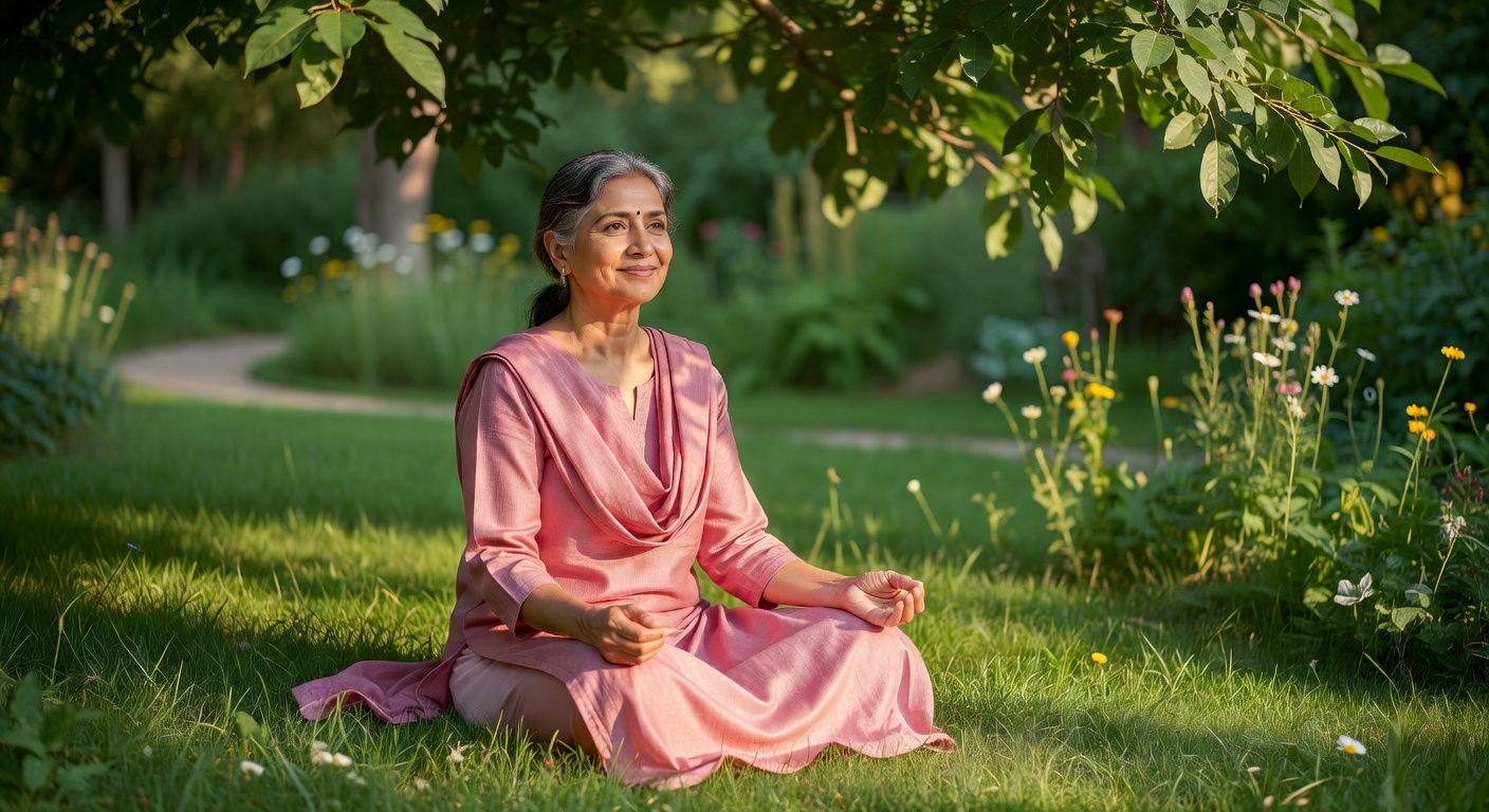 Older Indian woman sitting cross-legged in a peaceful garden