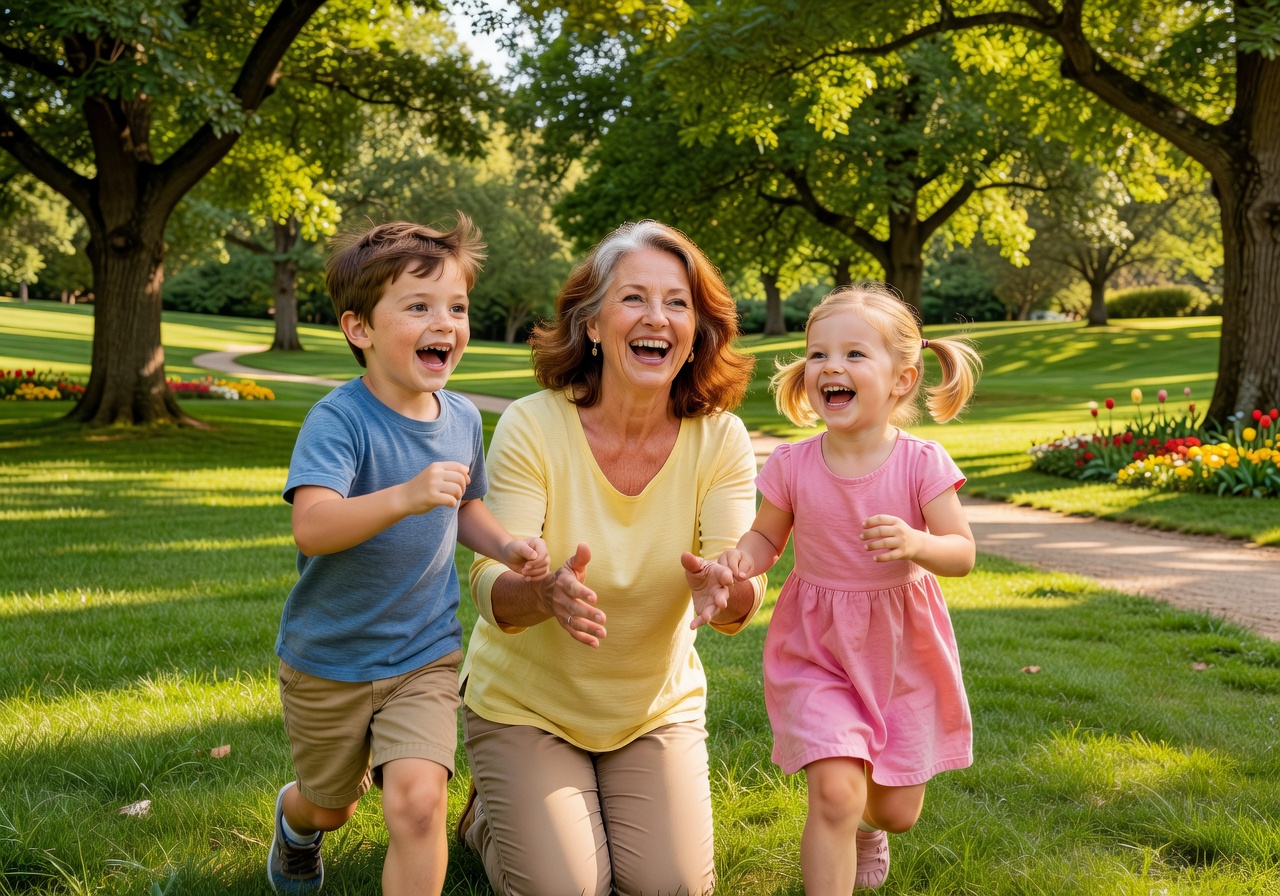 Happy woman playing with grandkids in a park