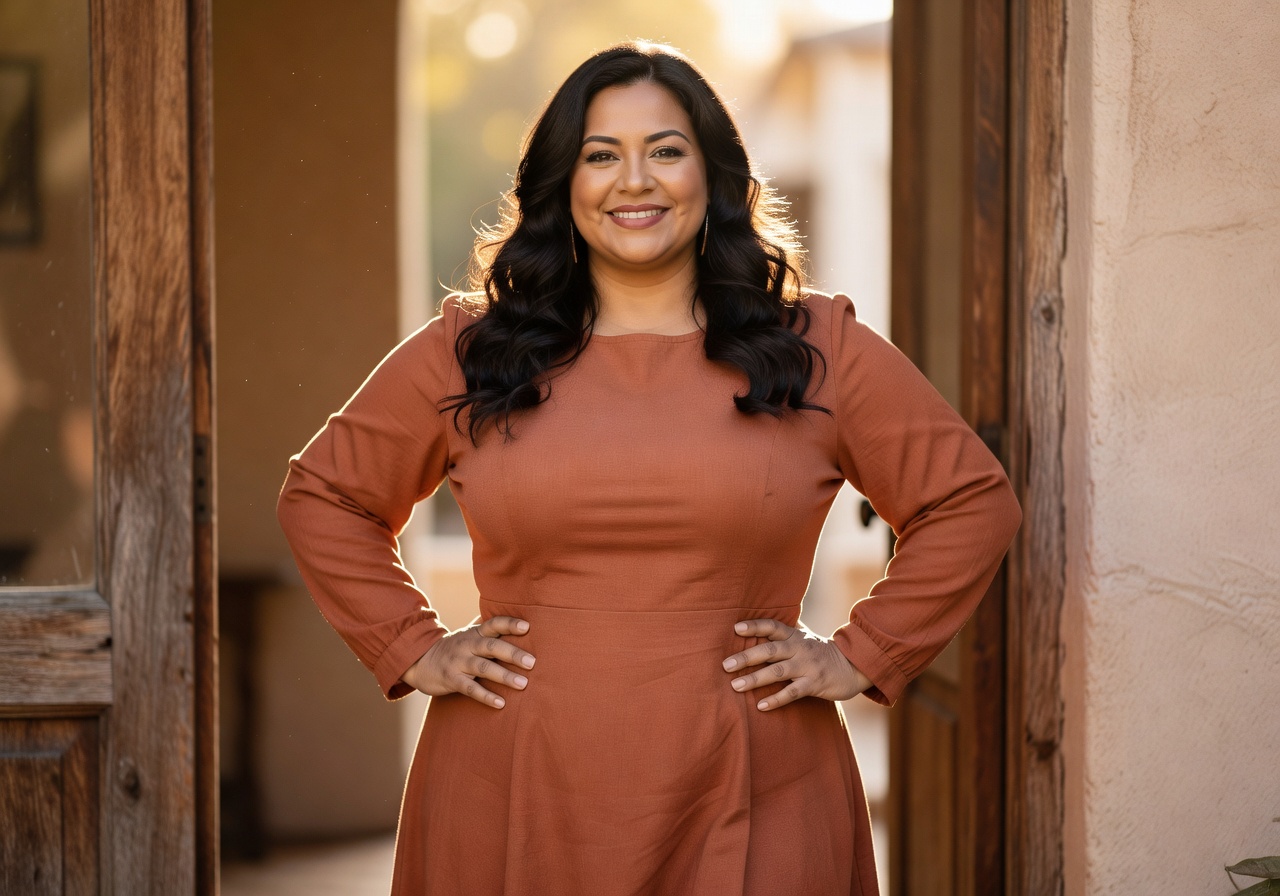 A plus-size Latina woman standing confidently in a sunlit doorway