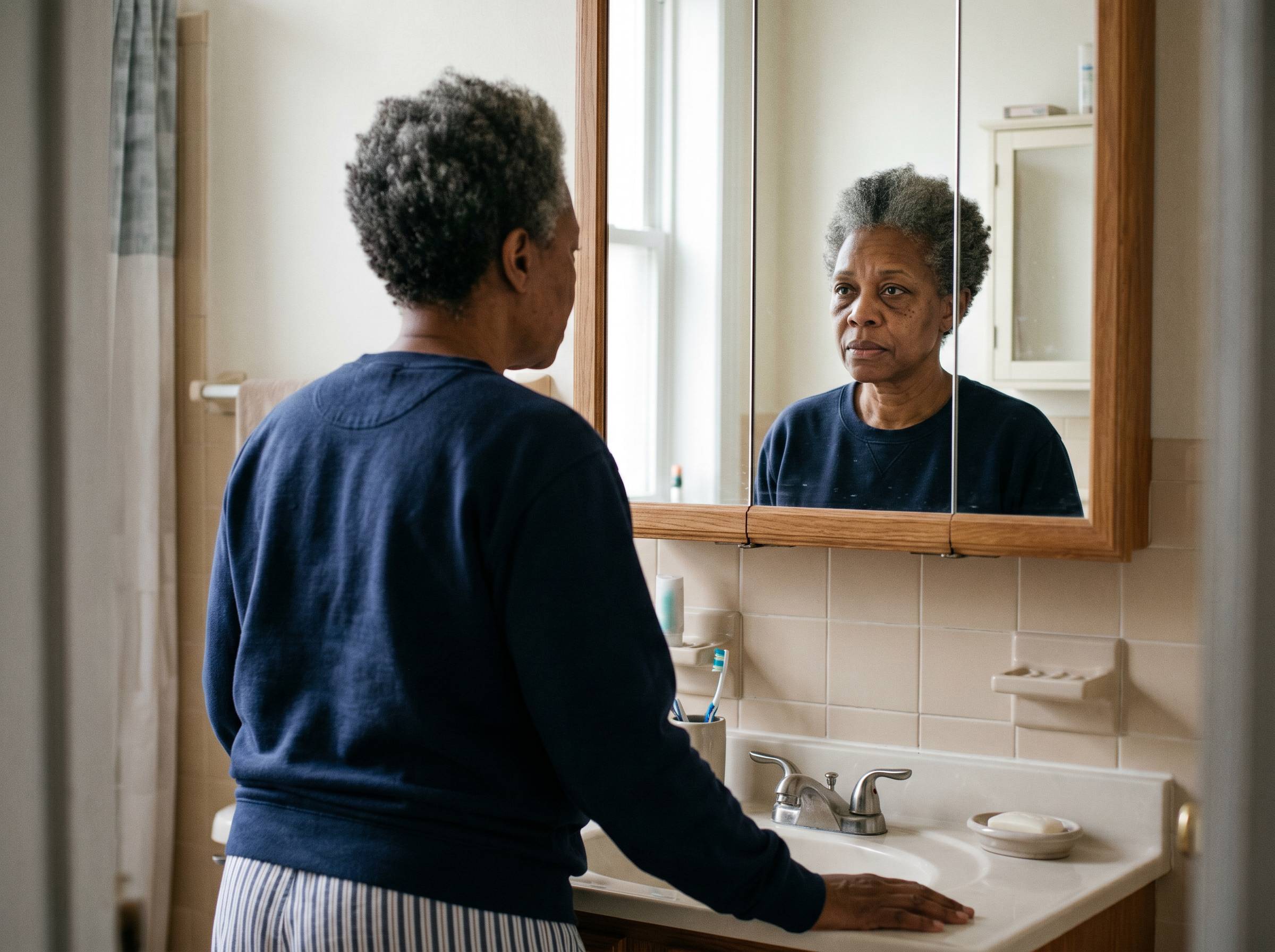 A 55-year-old Black woman seeing a tired, inflamed reflection in the bathroom mirror