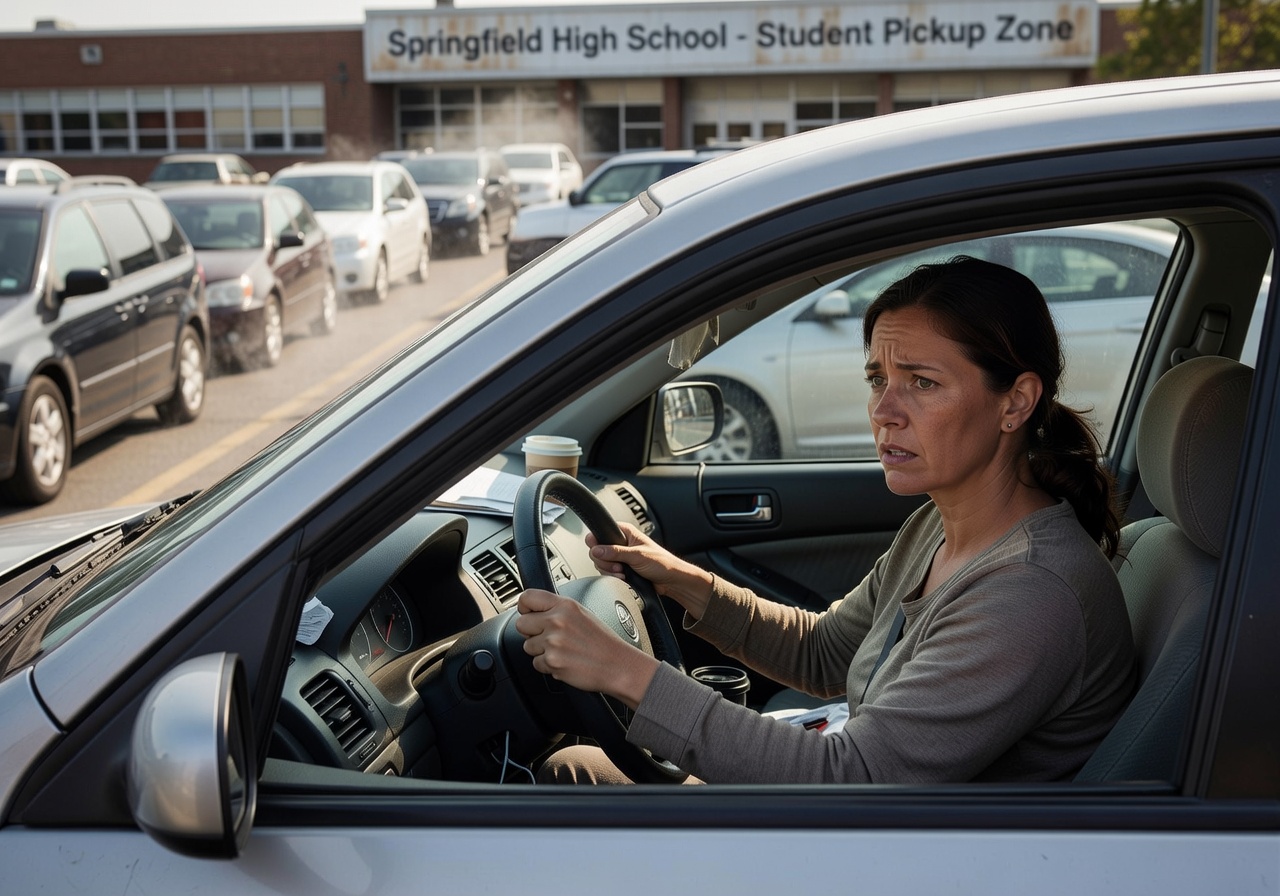 Stressed woman in car pickup line