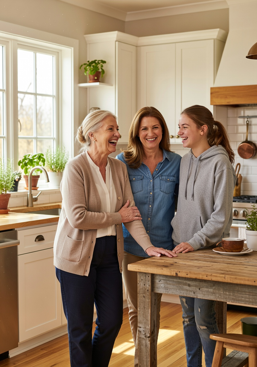 Multi-generational family laughing together in sunlit kitchen