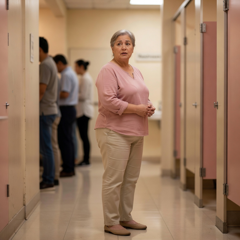 A woman standing in line, looking contemplative