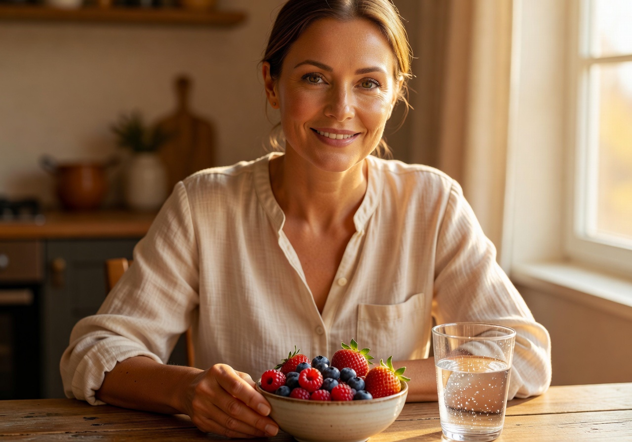 A woman in her early 50s with glowing skin enjoying a healthy breakfast