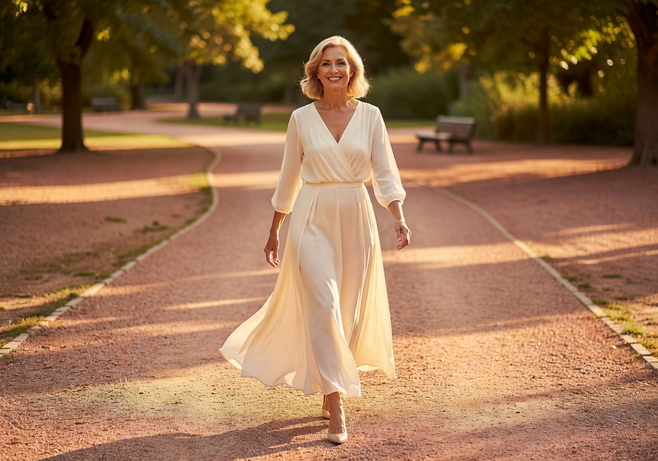 A woman in her early 50s walking confidently in a sunlit park