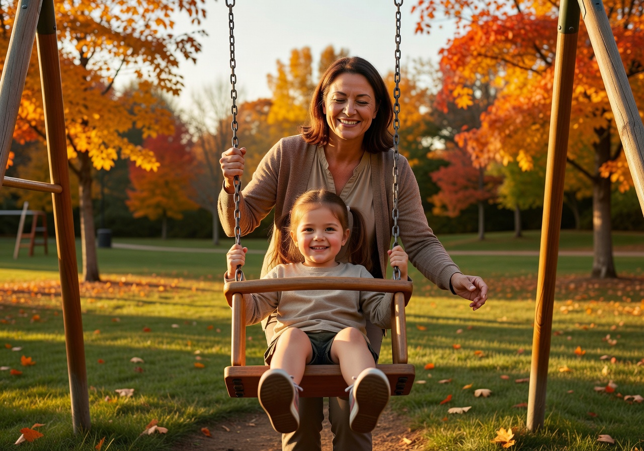 Little girl facing forward on a swing with a woman behind her in a sunny park