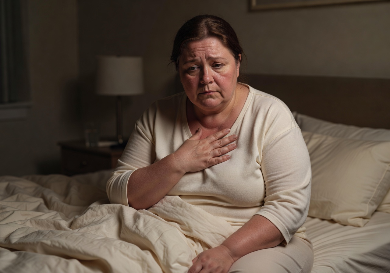 Woman sitting on edge of bed at night looking exhausted