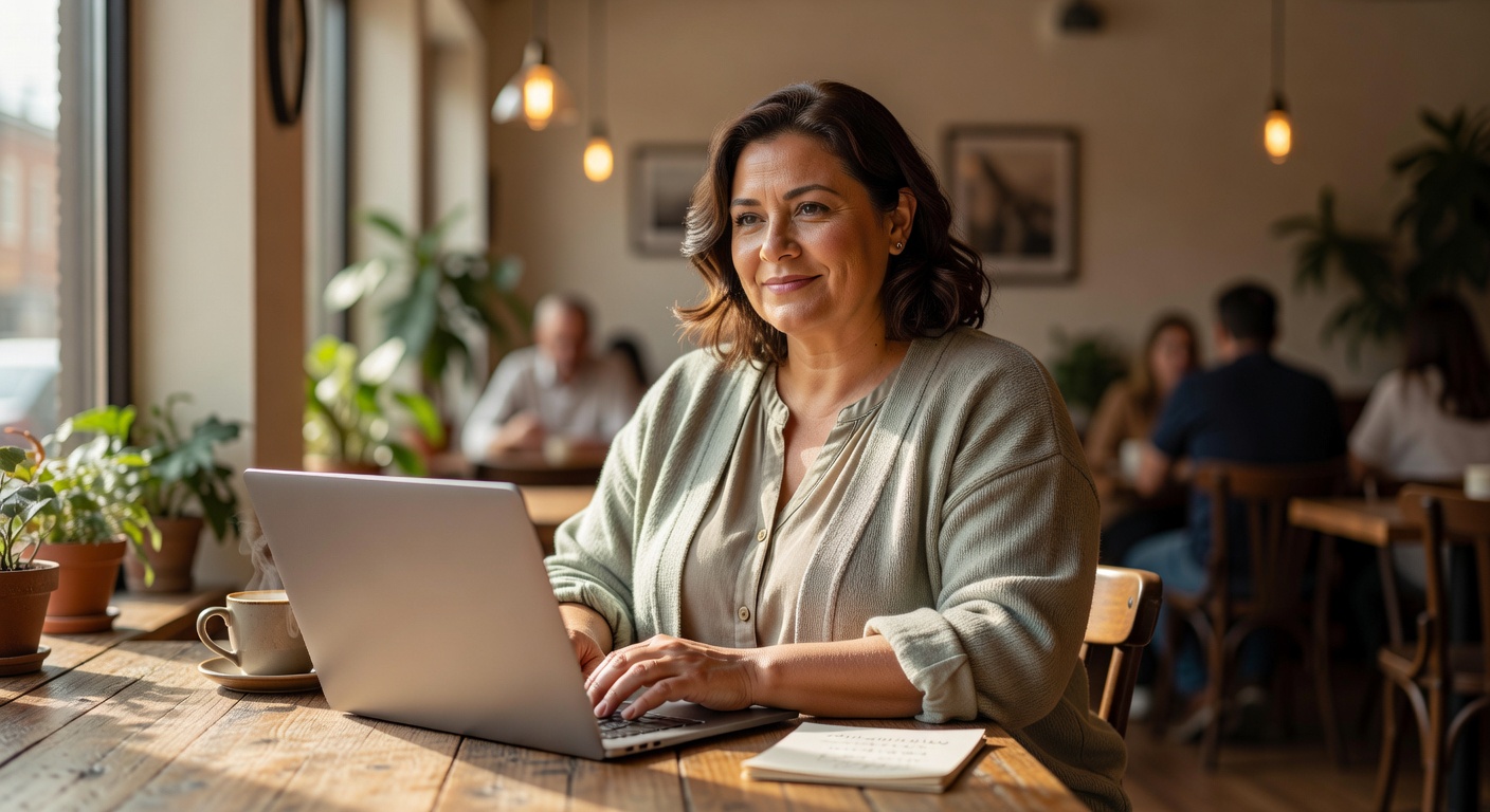 Clear-minded woman working at café