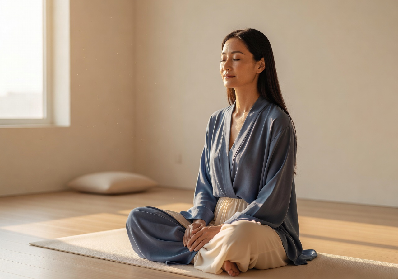 East Asian woman meditating peacefully in a sunlit room at dawn