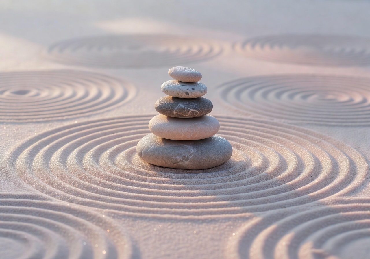 Perfectly balanced river stones in a zen garden