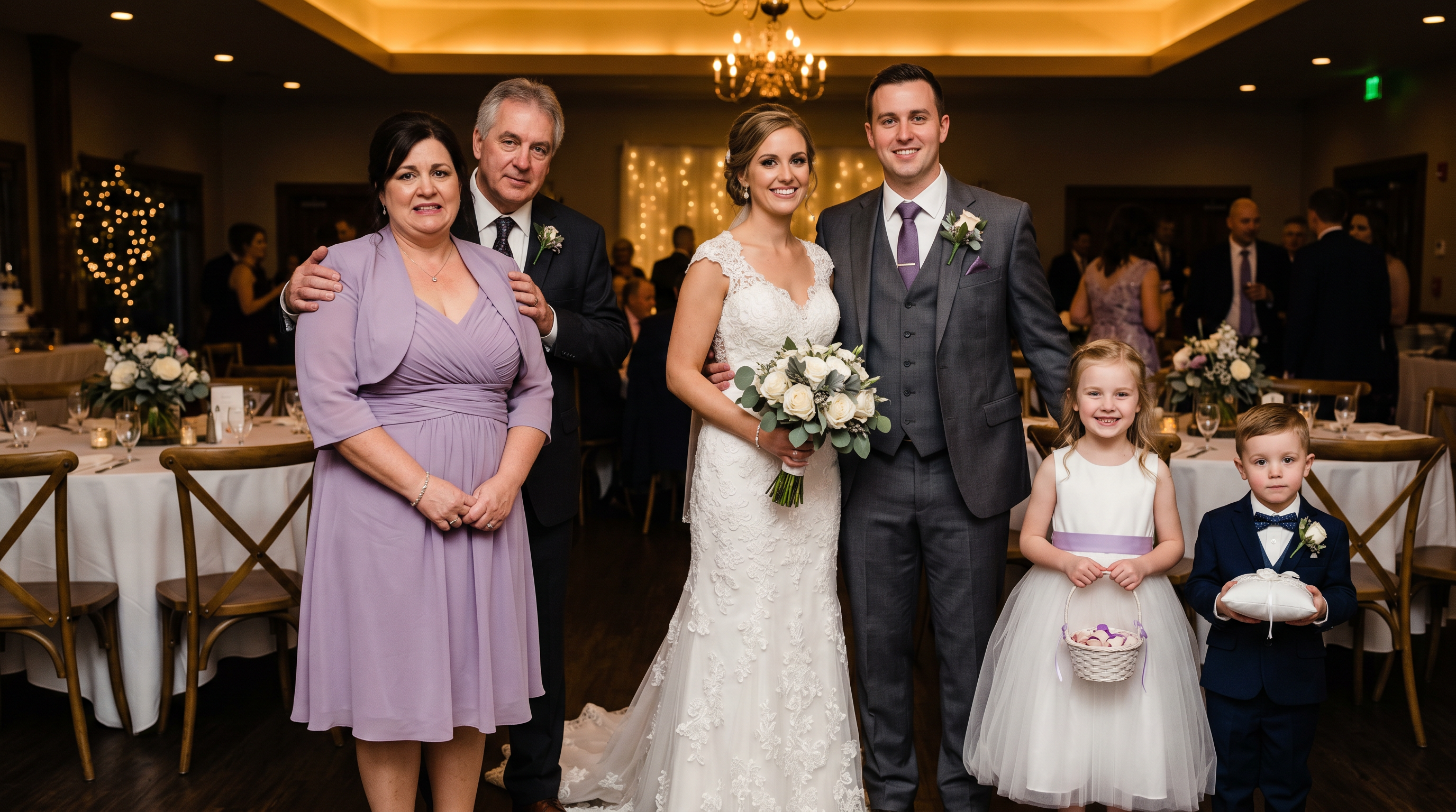 Mother of the bride in an unflattering lavender dress at a wedding, looking embarrassed