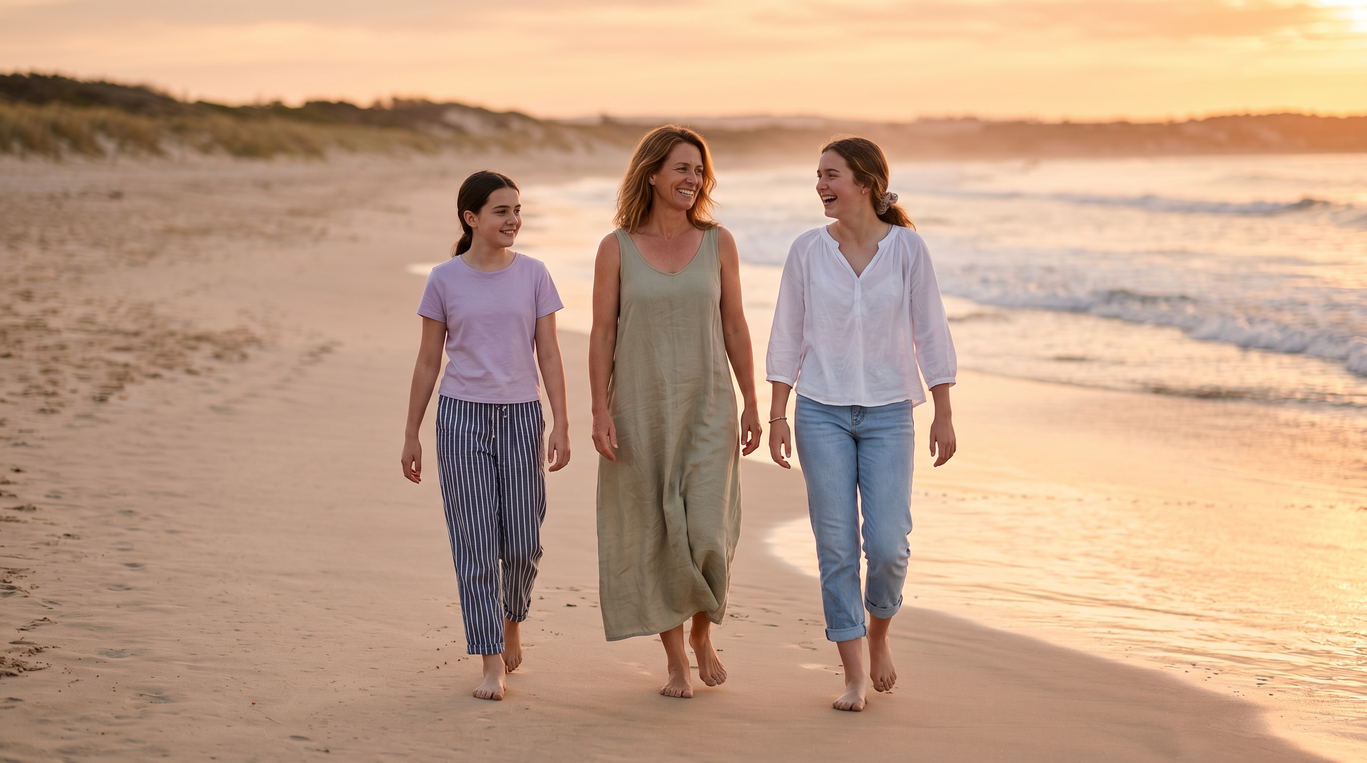 Confident woman walking on the beach at sunset