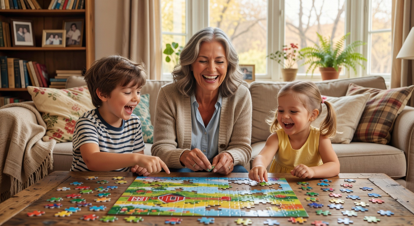 Joyful woman with grandkids doing puzzle