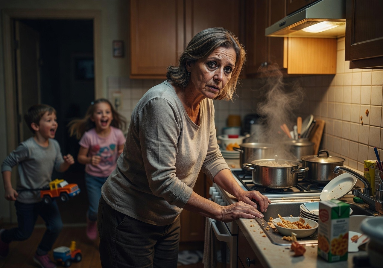 Exhausted woman cooking dinner after a long day