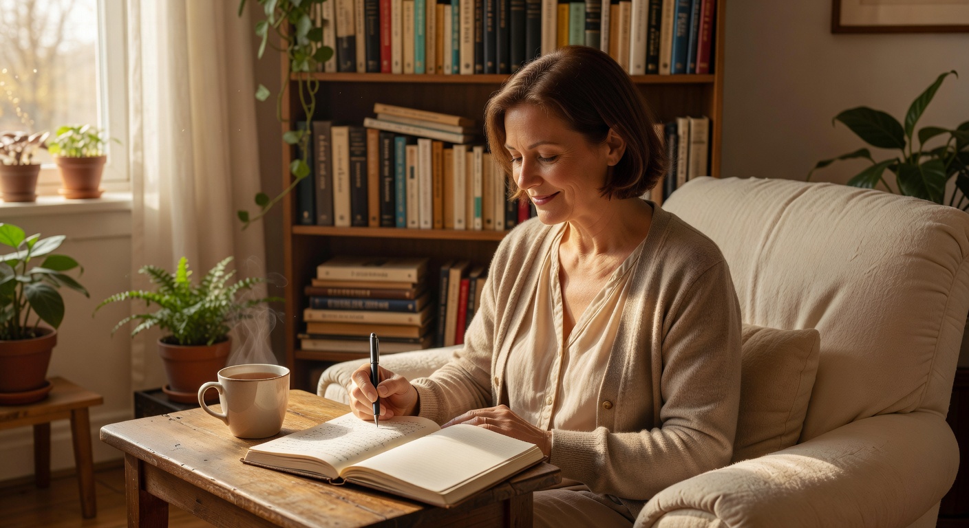 Woman journaling in a peaceful sunlit room