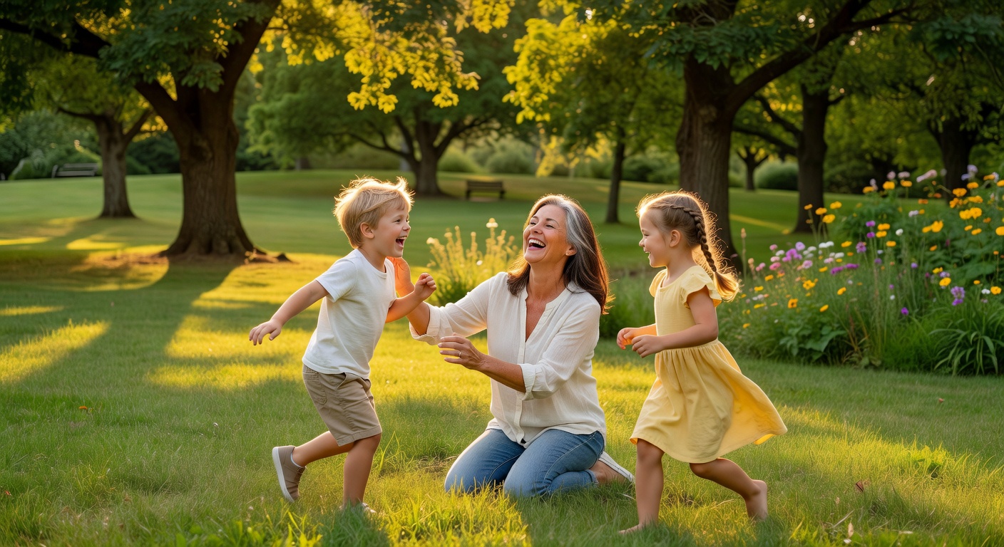 A grandmother playing with her grandkids in a park