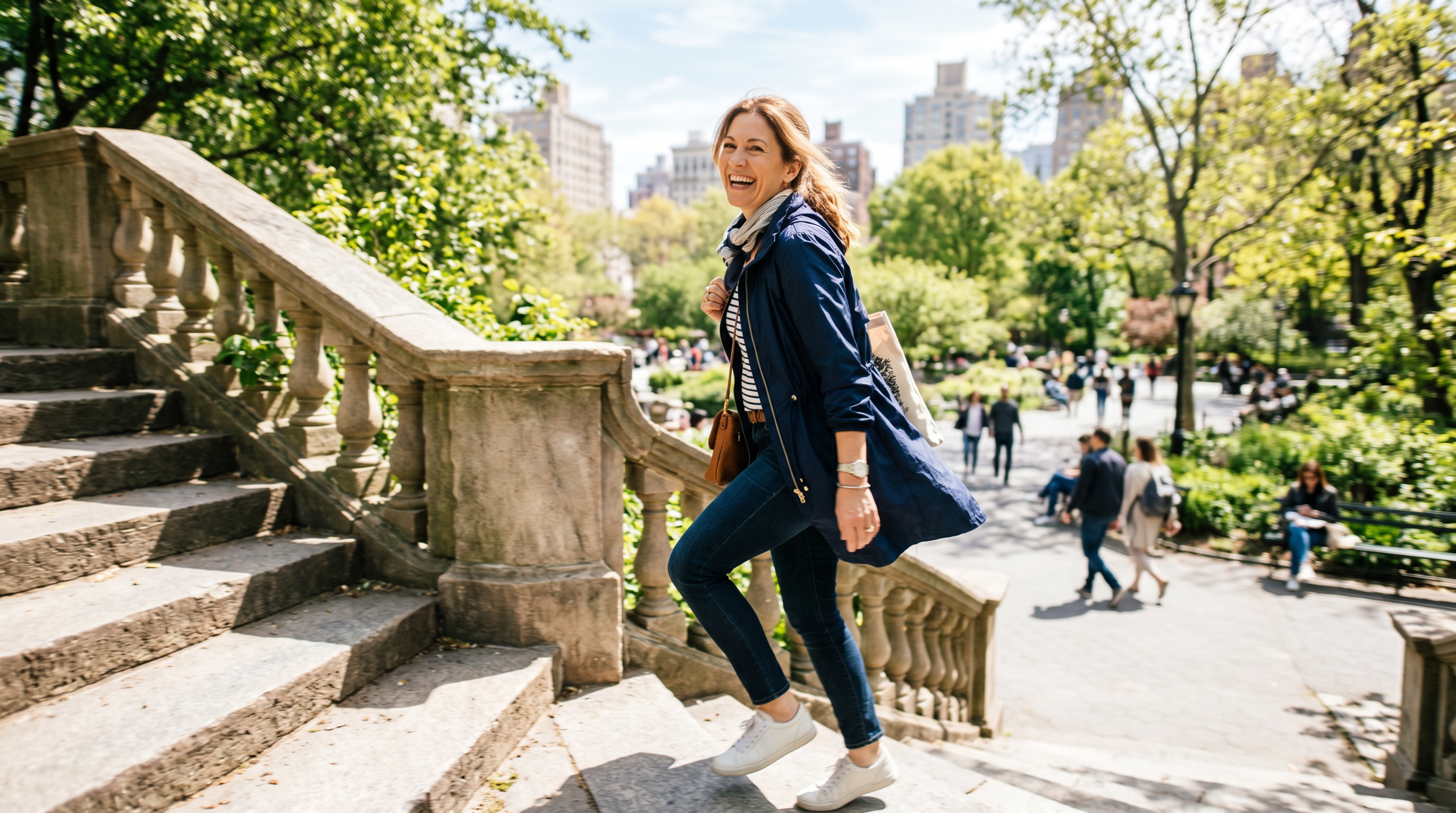 Woman walking up stairs with confidence