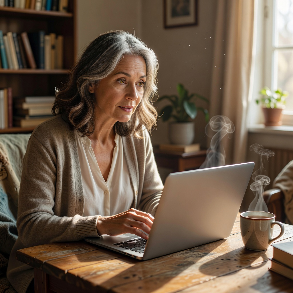 A woman looking at her report with tea