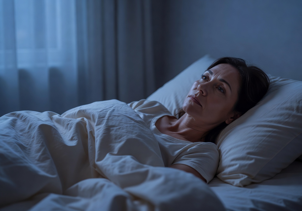 Relatable image of a woman lying awake at night staring at the ceiling