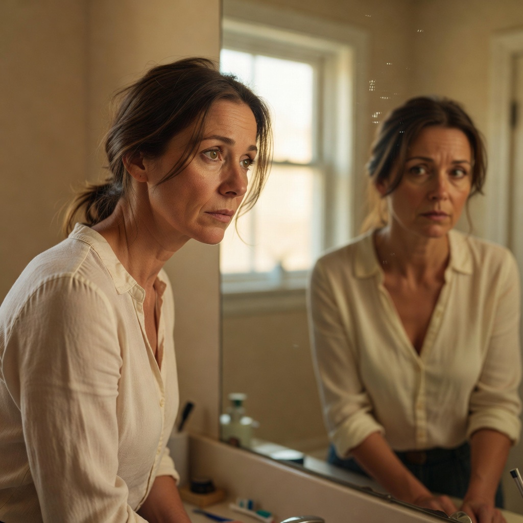 Woman looking in the mirror with care