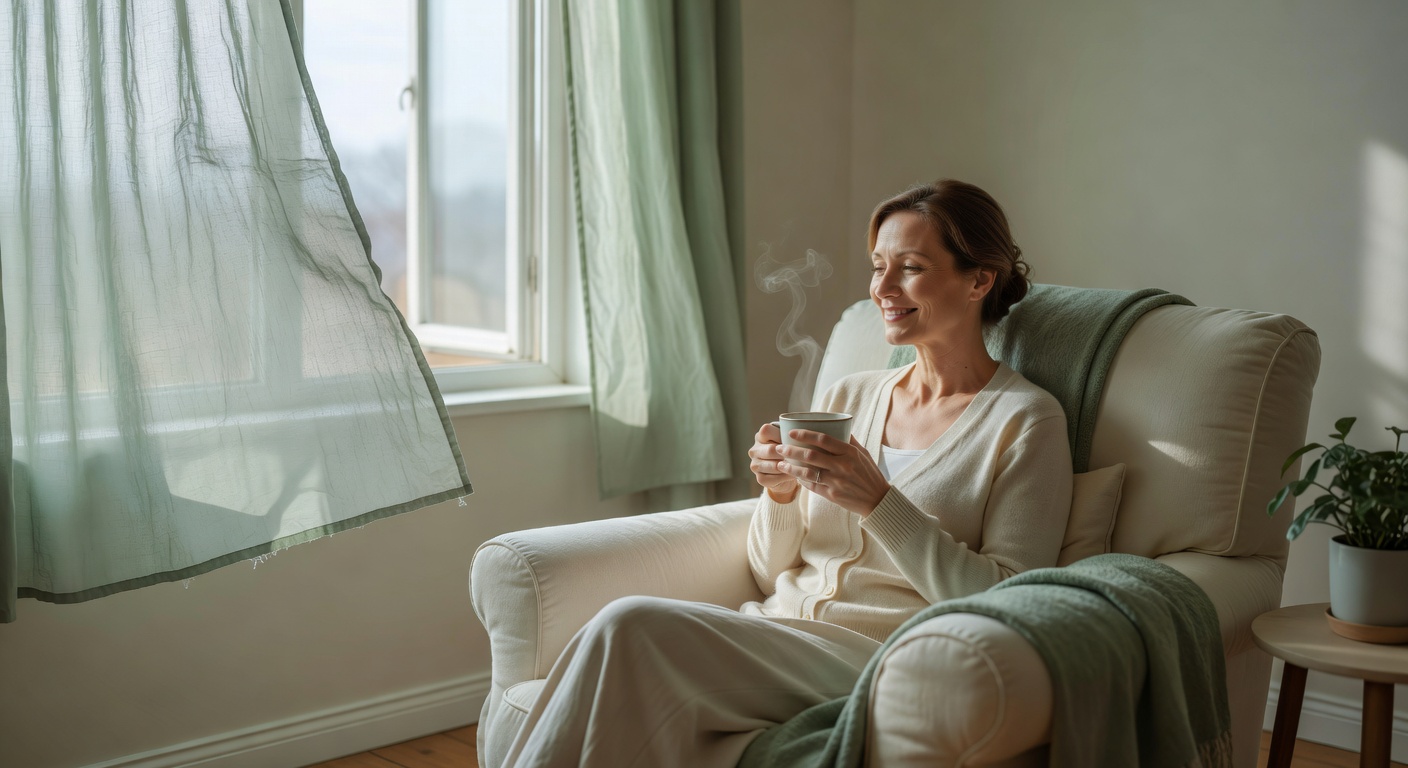 Woman sitting peacefully by an open window with tea