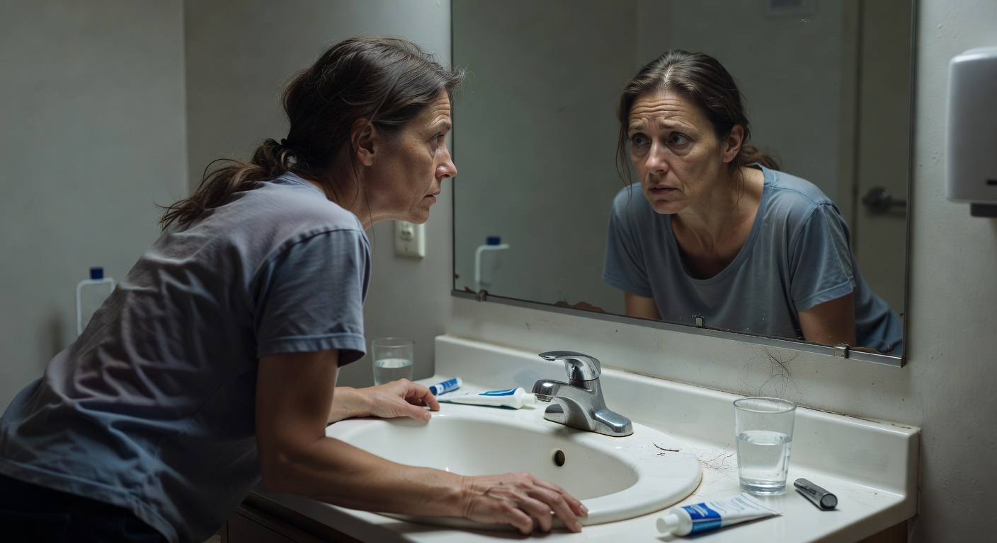 Stressed woman staring in mirror