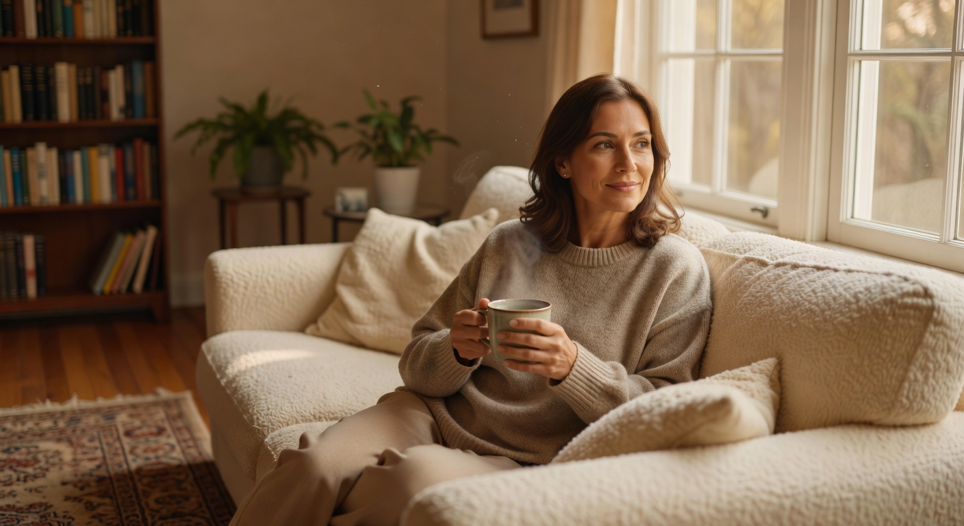 Woman sitting comfortably with tea