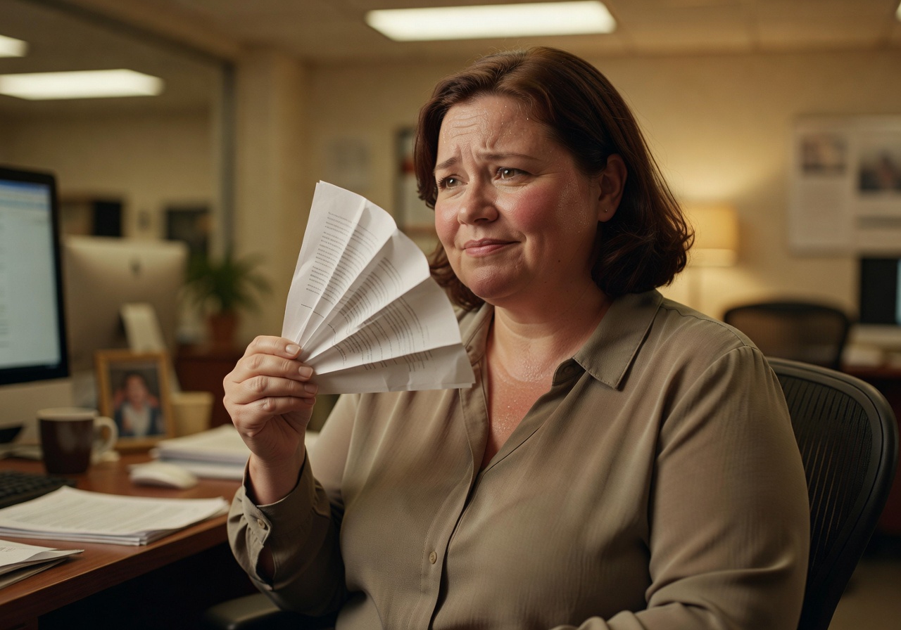 Woman fanning herself at a desk