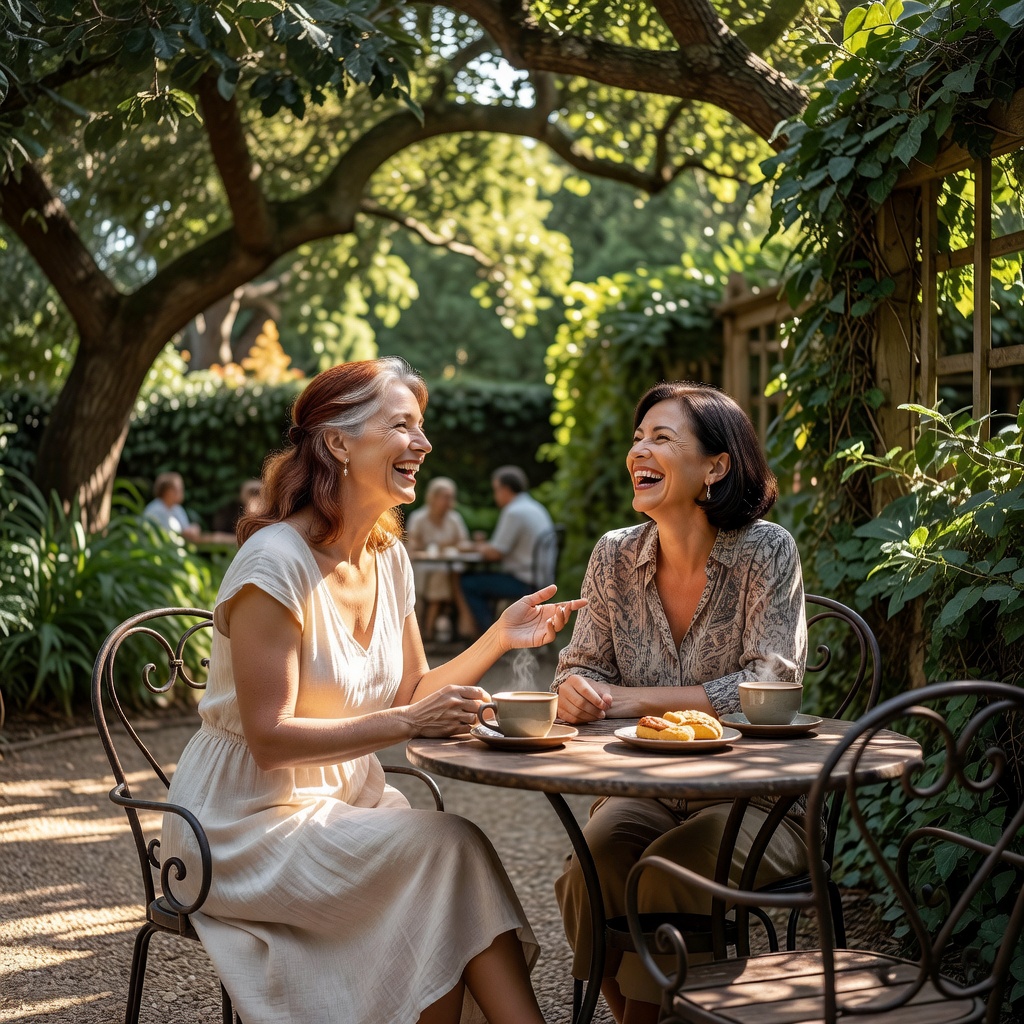Two women laughing together at a cafe