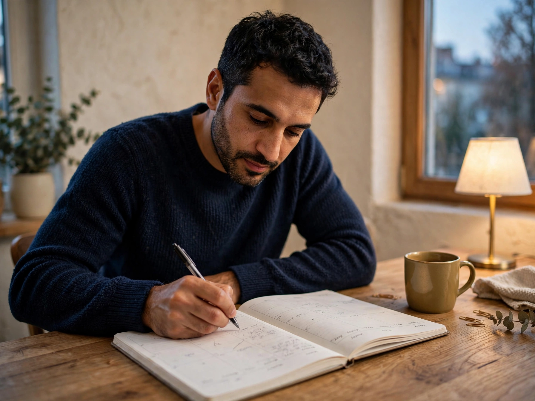 A man reviews a paper weekly planner at a dining table in the evening, with a lamp and a mug nearby.