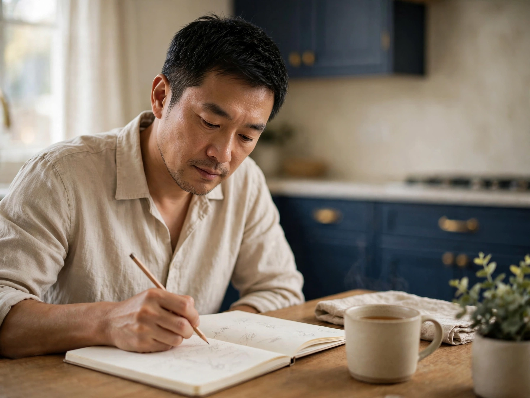 A man writes in a notebook at a kitchen table beside a cup of tea, in natural daylight.
