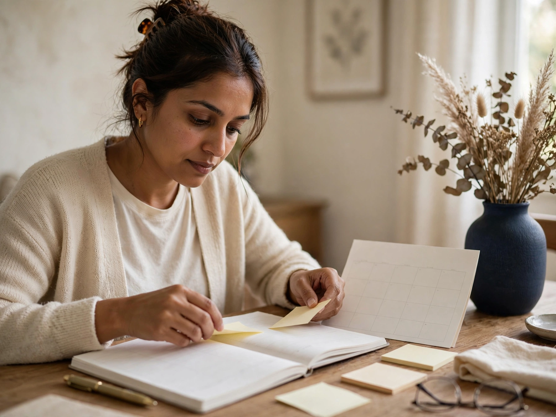 A woman organizes a weekly paper planner with blank sticky notes at a dining table.