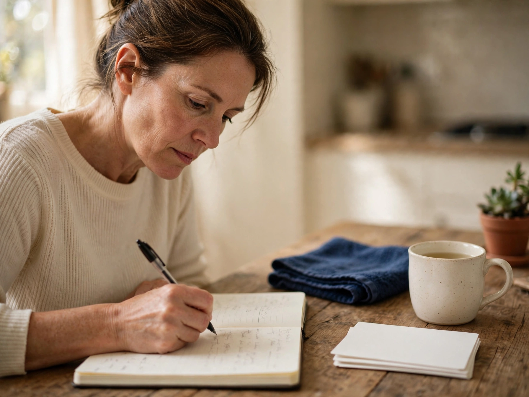 A woman writes in a notebook at a kitchen table beside a cup of tea, in natural daylight.