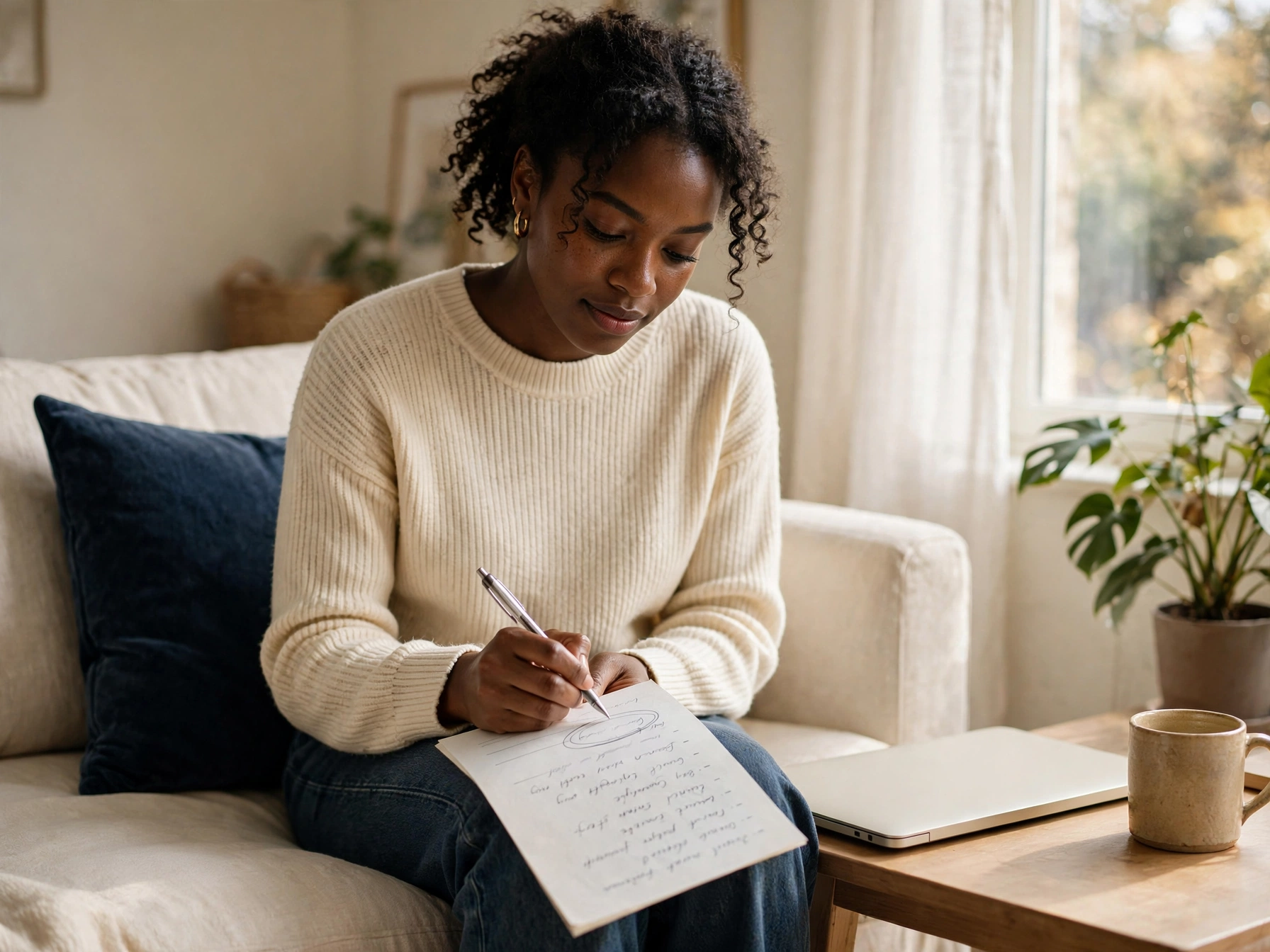 A woman sits on a cream sofa by a sunlit window, circling one item on a short paper list.