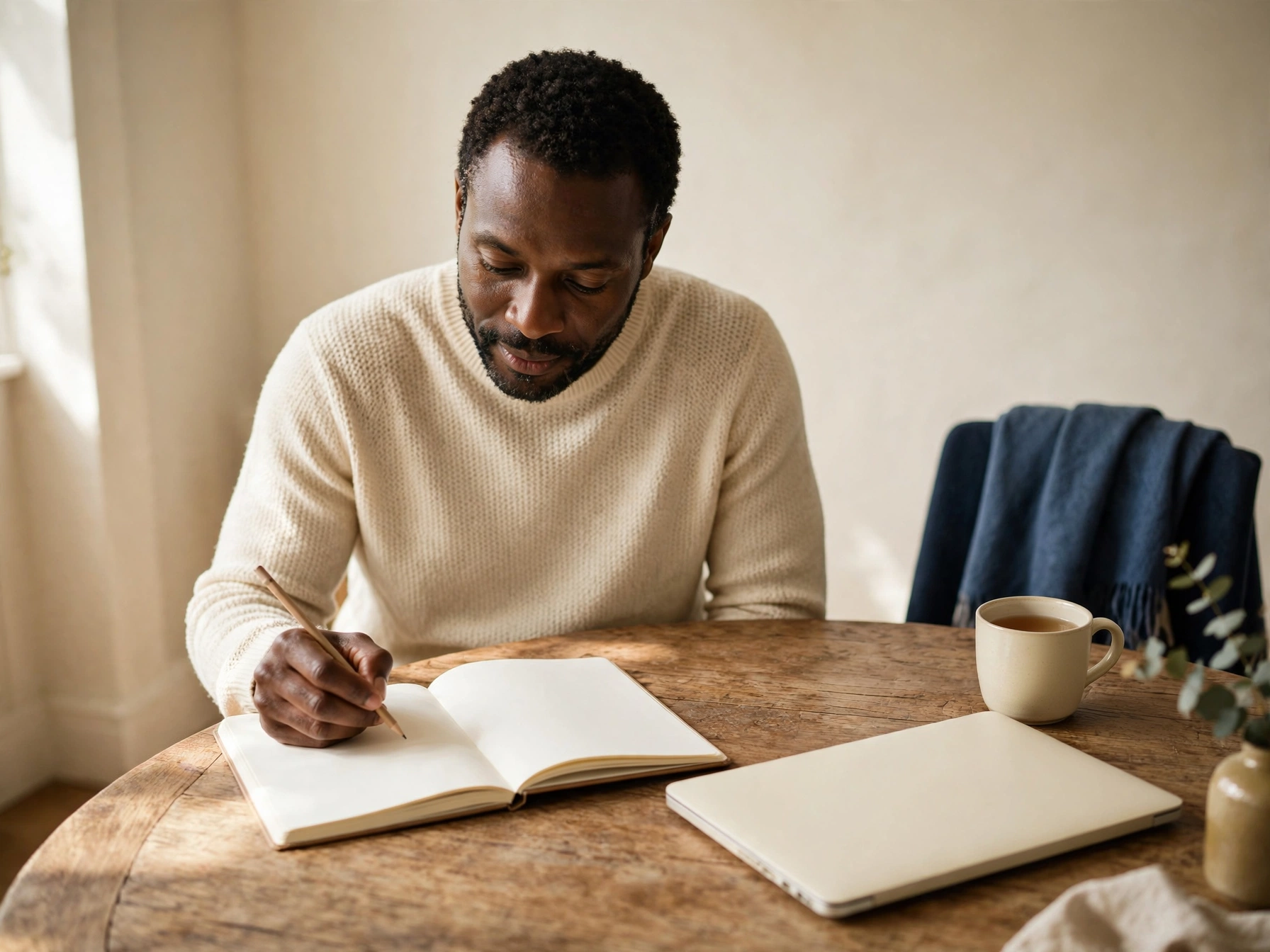 A man sits at a round wooden table, writing in a blank notebook beside a closed laptop and a cup of tea.