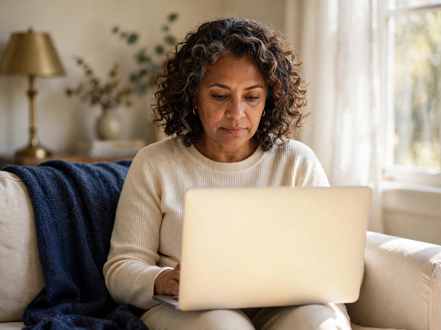 A woman sits on a cream sofa by a sunlit window, working from a laptop in a calm living room.