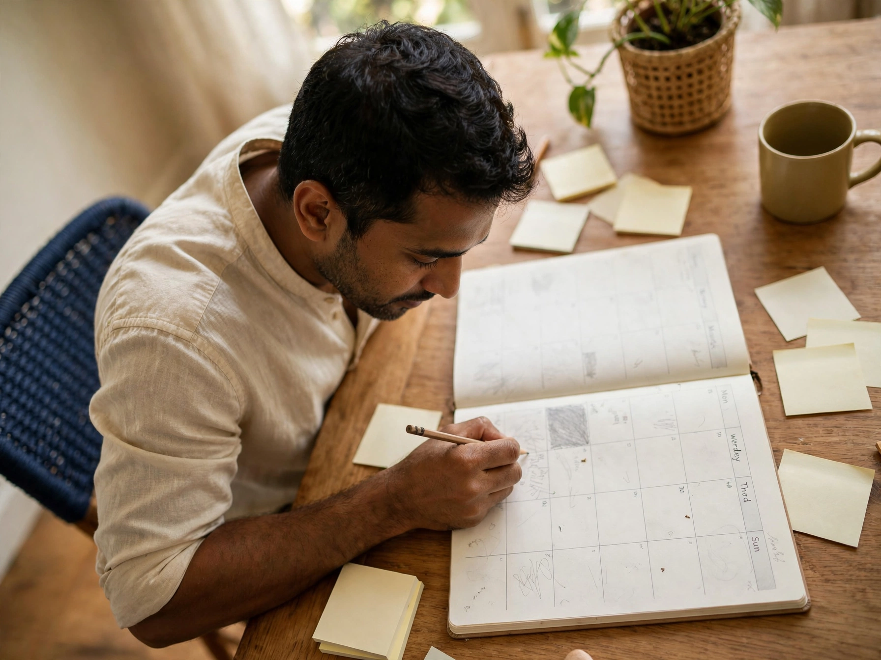 A man organizes a weekly paper planner with blank sticky notes at a dining table.