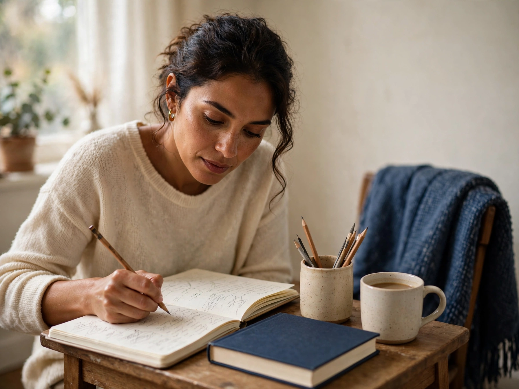 A woman writes in a notebook at a small wooden desk by a window, with a mug and pencils nearby.
