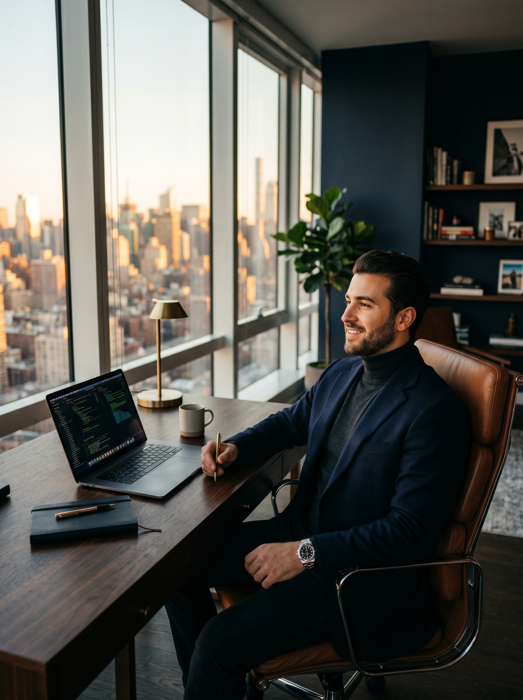 Successful affiliate marketer working in a premium penthouse office with city skyline view