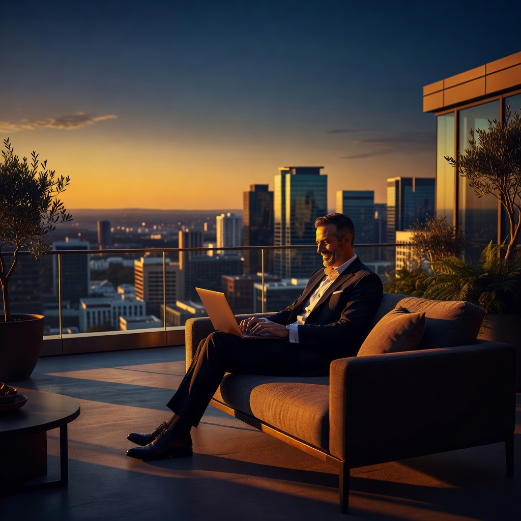 Successful marketer working from a luxury rooftop terrace at golden hour