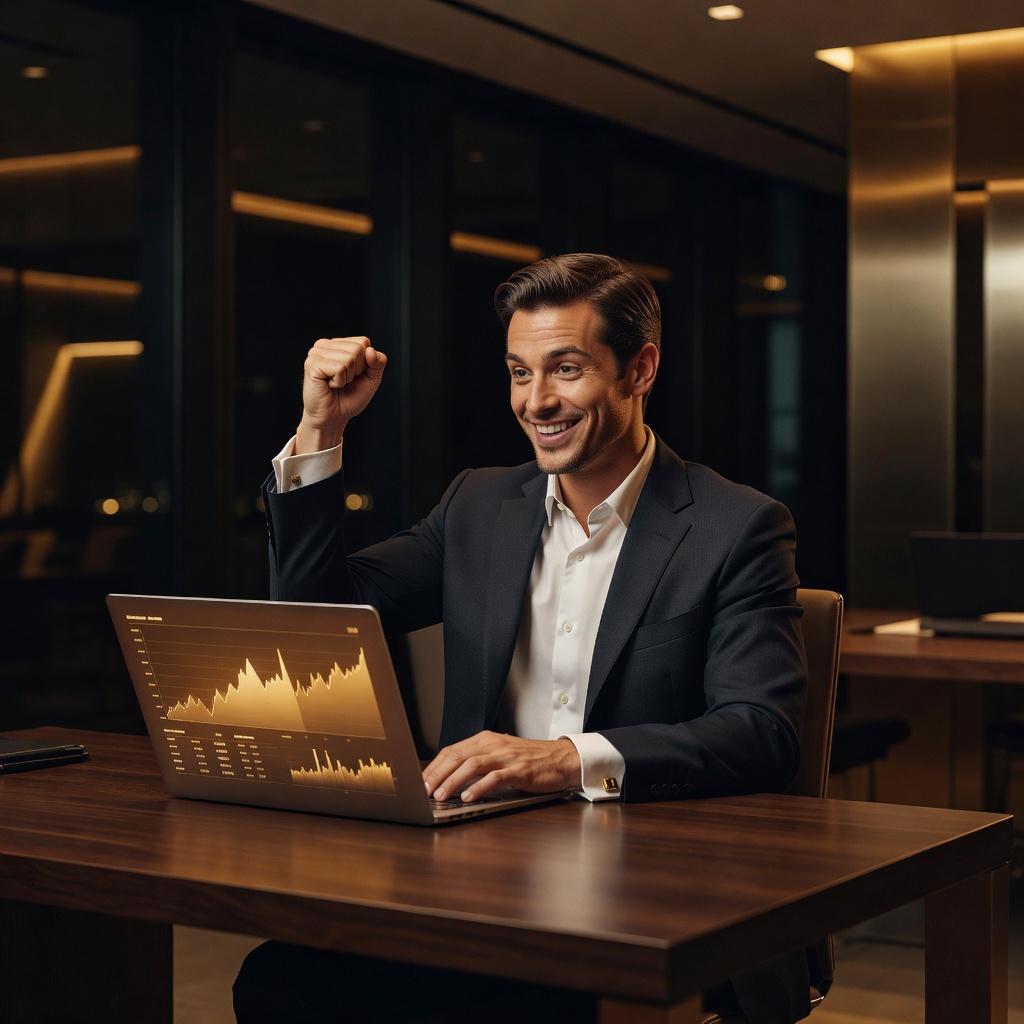 Affiliate marketer celebrating a significant financial win at their laptop