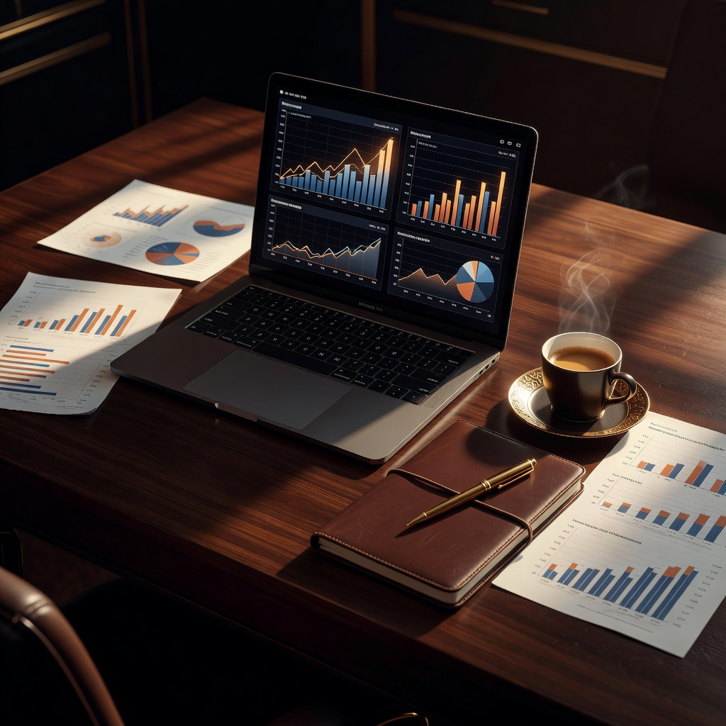 Premium dark workspace with laptop showing affiliate marketing analytics, espresso, and leather notebook