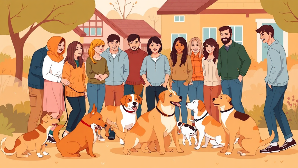 Diverse community members with their dogs enjoying time together in a safe, harmonious neighborhood setting