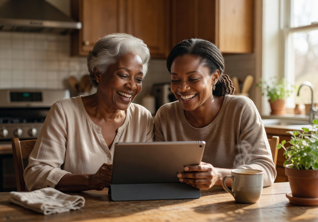 African American senior mother and her adult daughter smiling together while looking at a tablet