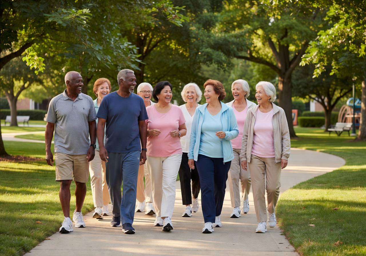 A diverse group of active seniors walking together in a sunny park, laughing and talking