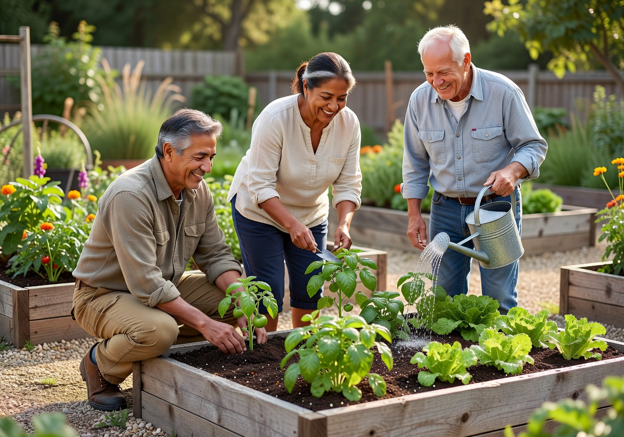 Diverse group of seniors enjoying gardening together in a beautiful community garden